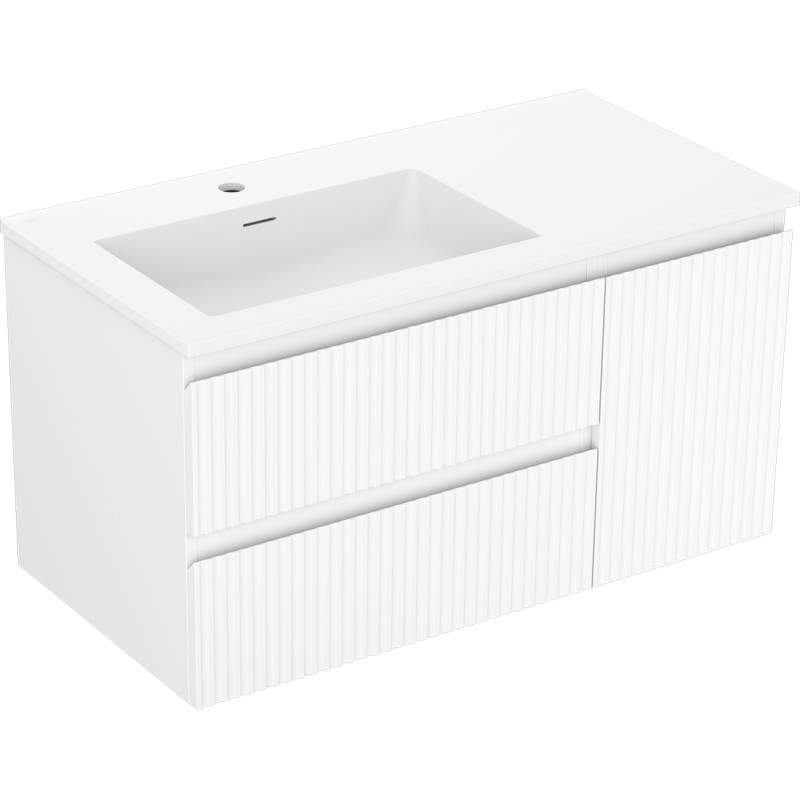 Mexen Rivel 90 cm bathroom cabinet with Otis left sink, 2S, 1D, fluted, matte white - 91A23-09047-3-BBFFF01-W18L01