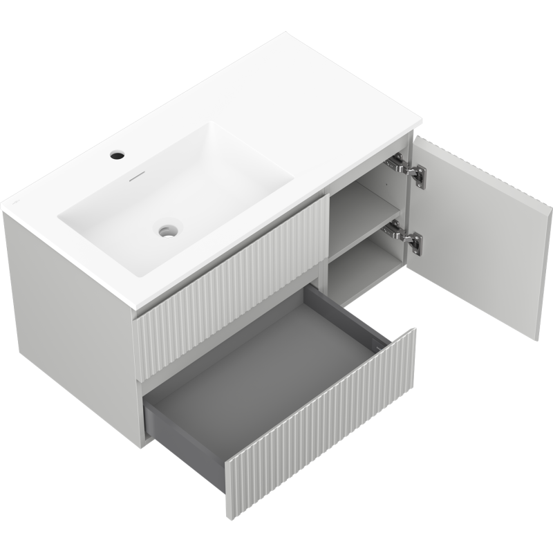 Mexen Rivel 90 cm bathroom cabinet with left Otis sink, 2S, 1D, fluted, gray matte/white matte - 91A23-09047-3-BBFFF62-W18L01