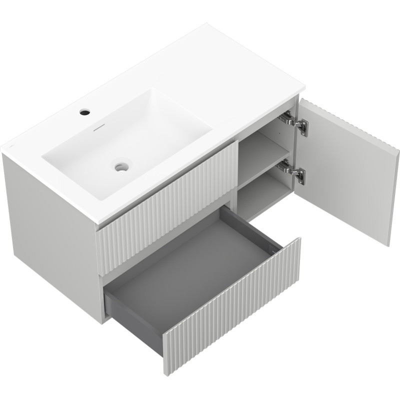 Mexen Rivel 90 cm bathroom cabinet with Otis left sink, 2S, 1D, grooved, gray matte/white matte - 91A23-09047-3-BBFFF62-W18L01