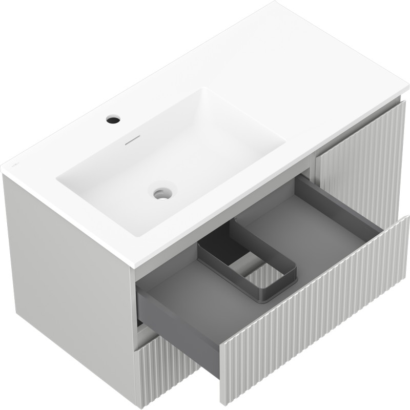 Mexen Rivel 90 cm bathroom cabinet with Otis left sink, 2S, 1D, grooved, gray matte/white matte - 91A23-09047-3-BBFFF62-W18L01