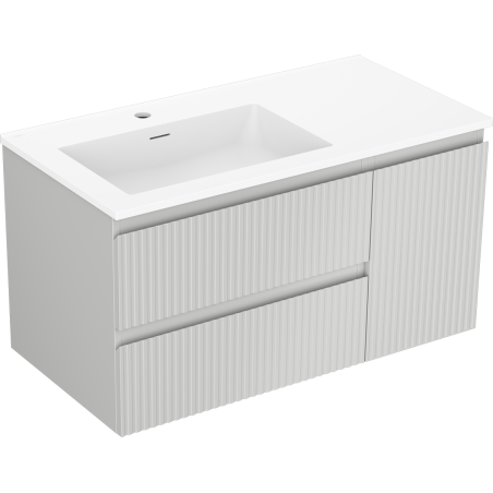 Mexen Rivel 90 cm bathroom cabinet with Otis left sink, 2S, 1D, grooved, gray matte/white matte - 91A23-09047-3-BBFFF62-W18L01
