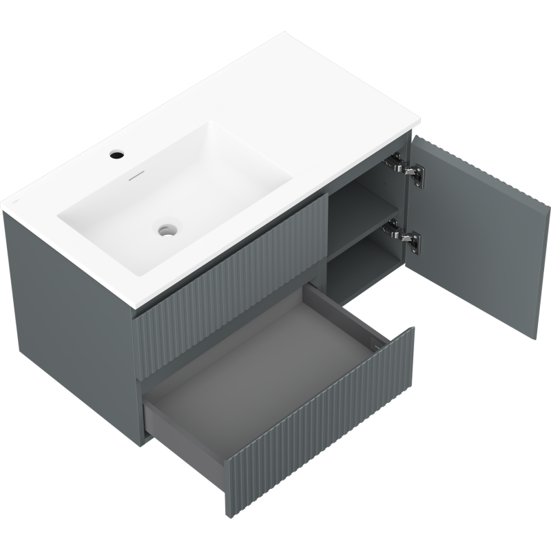 Mexen Rivel bathroom cabinet 90 cm with Otis left sink, 2 drawers, 1 door, grooved, matte graphite/white matte