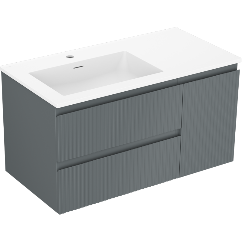 Mexen Rivel bathroom cabinet 90 cm with Otis left sink, 2 drawers, 1 door, grooved, matte graphite/white matte