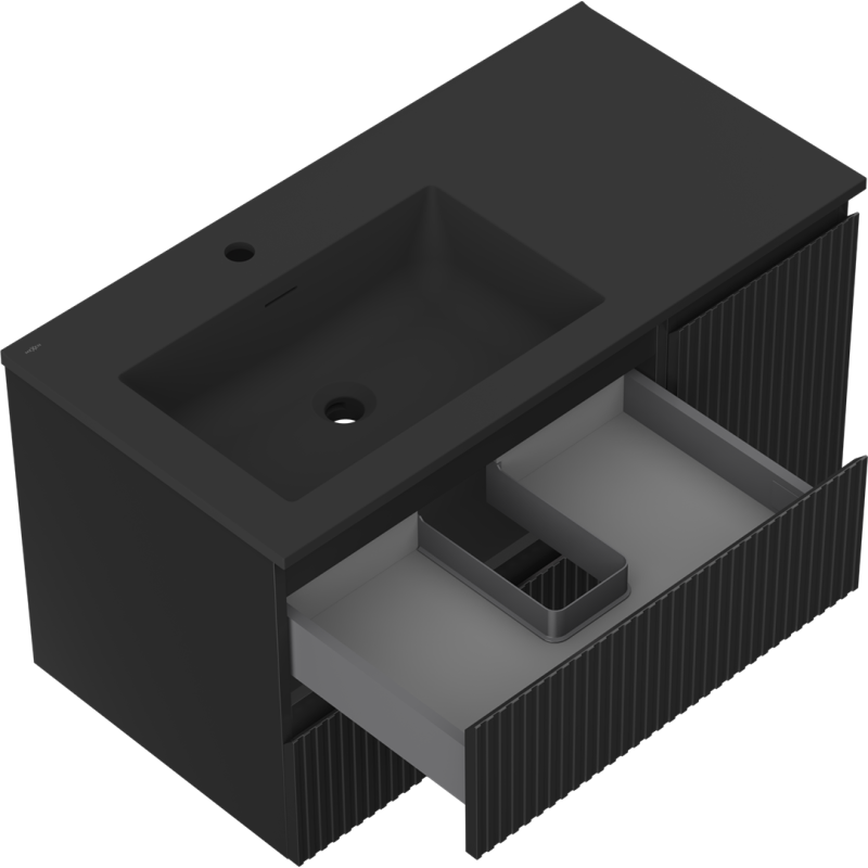 Mexen Rivel bathroom cabinet 90 cm with left Otis sink, 2S, 1D, grooved, black matte - 91A23-09047-3-BBFFF71-W18L71