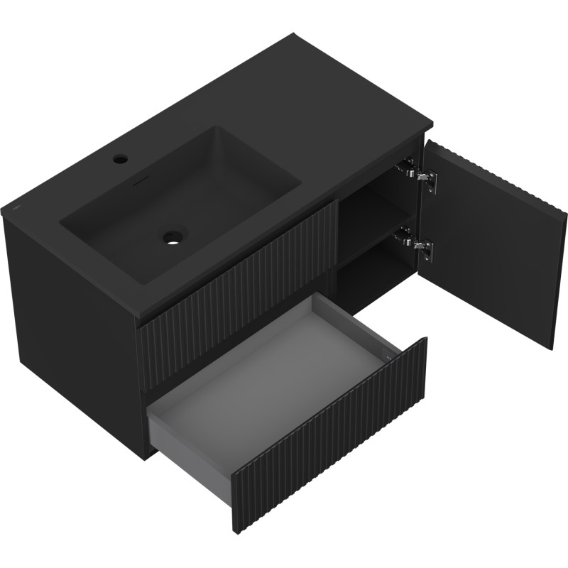 Mexen Rivel 90 cm Bathroom Cabinet with Left Otis Sink, 2S, 1D, Fluted, Black Matte - 91A23-09047-3-BBFFF71-W18L71