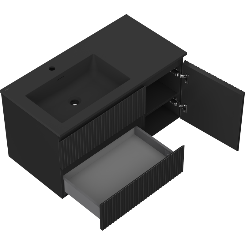 Mexen Rivel bathroom cabinet 90 cm with left Otis sink, 2S, 1D, grooved, black matte - 91A23-09047-3-BBFFF71-W18L71