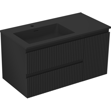 Mexen Rivel bathroom cabinet 90 cm with left Otis sink, 2S, 1D, grooved, black matte - 91A23-09047-3-BBFFF71-W18L71
