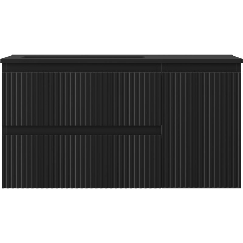 Mexen Rivel 90 cm Bathroom Cabinet with Left Otis Sink, 2S, 1D, Fluted, Black Matte - 91A23-09047-3-BBFFF71-W18L71