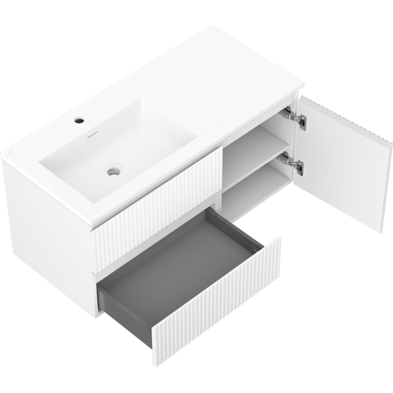 Mexen Rivel 100 cm bathroom cabinet with Otis sink left, 2S, 1D, grooved, white matte - 91A23-10047-3-BBFFF01-W18L01