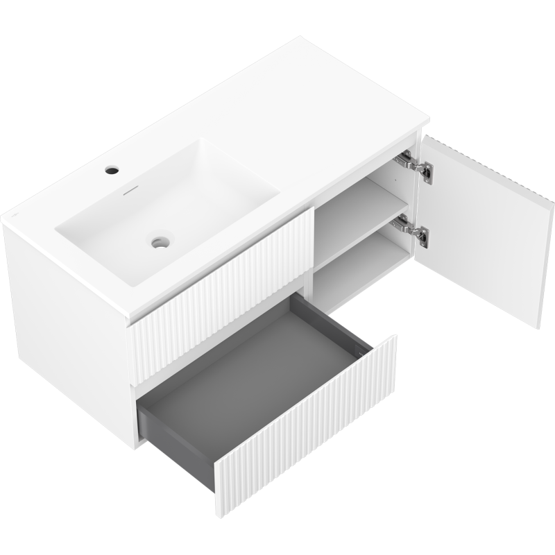 Mexen Rivel bathroom cabinet 100 cm with left Otis sink, 2S, 1D, grooved, matte white - 91A23-10047-3-BBFFF01-W18L01