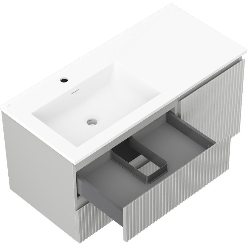 Mexen Rivel 100 cm Bathroom Cabinet with Left Otis Sink, 2 Drawers, 1 Door, Fluted, Gray Matte/White Matte