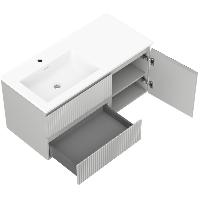 Mexen Rivel 100 cm Bathroom Cabinet with Left Otis Sink, 2 Drawers, 1 Door, Fluted, Gray Matte/White Matte