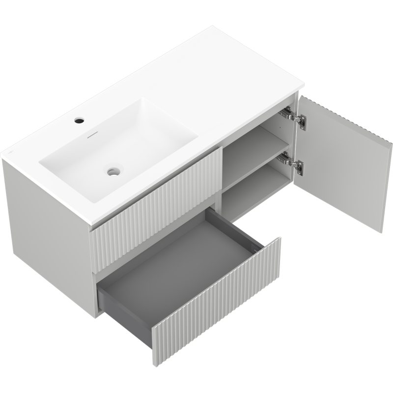 Mexen Rivel bathroom cabinet 100 cm with left Otis sink, 2S, 1D, grooved, gray matte/white matte - 91A23-10047-3-BBFFF62-W18L01