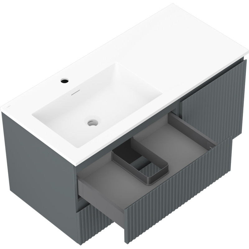 Mexen Rivel 100 cm bathroom cabinet with Otis left sink, 2S, 1D, fluted, graphite/white matte - 91A23-10047-3-BBFFF66-W18L01