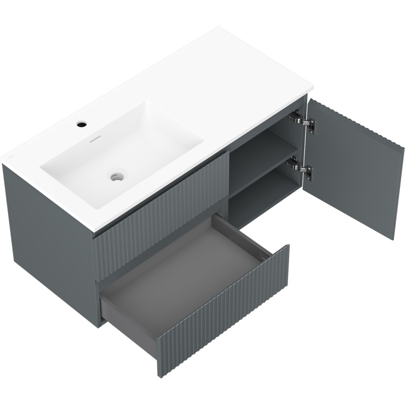 Mexen Rivel 100 cm bathroom cabinet with Otis left sink, 2S, 1D, fluted, graphite/white matte - 91A23-10047-3-BBFFF66-W18L01