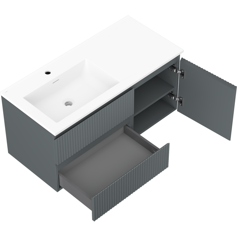 Mexen Rivel 100 cm bathroom cabinet with Otis left sink, 2S, 1D, grooved, graphite/white matte - 91A23-10047-3-BBFFF66-W18L01