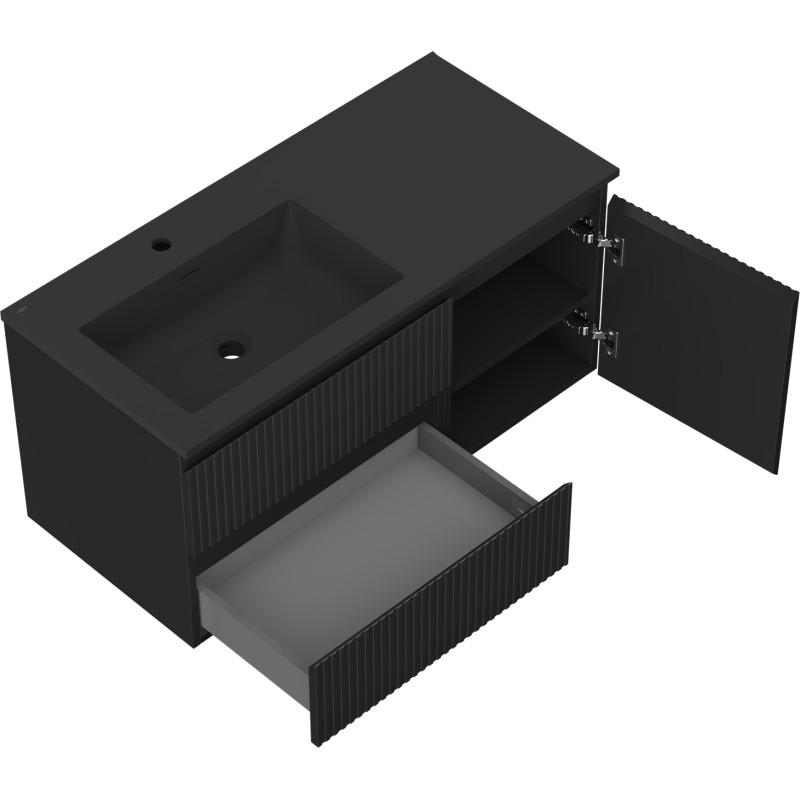 Mexen Rivel bathroom cabinet 100 cm with left Otis sink, 2S, 1D, grooved, black matte - 91A23-10047-3-BBFFF71-W18L71