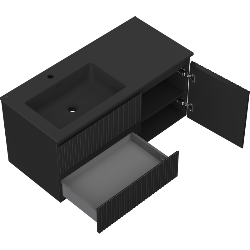 Mexen Rivel bathroom cabinet 100 cm with Otis left sink, 2S, 1D, fluted, black matte - 91A23-10047-3-BBFFF71-W18L71