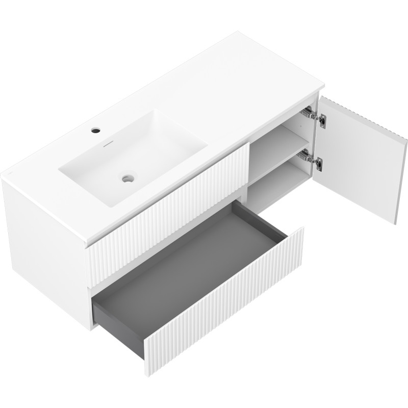 Mexen Rivel 120 cm bathroom cabinet with left Otis sink, 2 drawers, 1 door, grooved, white matte - 91A23-12047-3-BBFFF01-W18L01