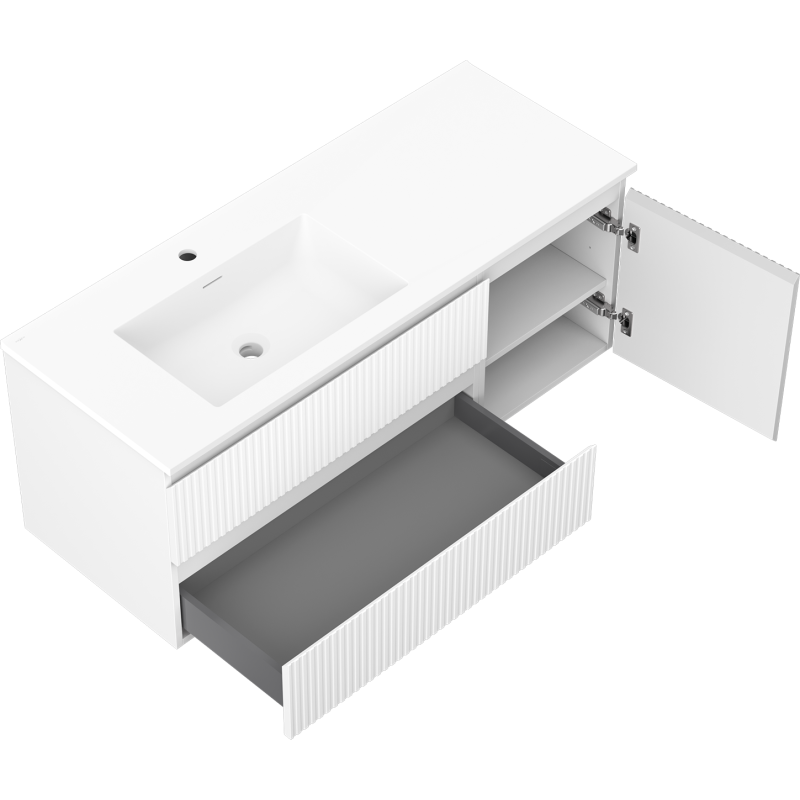 Mexen Rivel bathroom cabinet 120 cm with Otis left sink, 2S, 1D, fluted, matte white - 91A23-12047-3-BBFFF01-W18L01