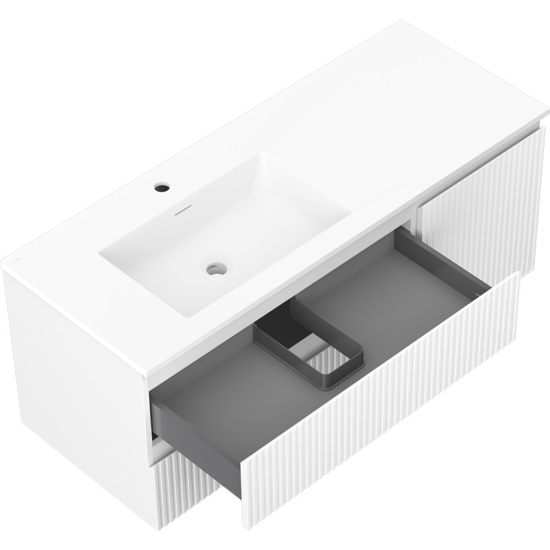 Mexen Rivel 120 cm bathroom cabinet with left Otis sink, 2 drawers, 1 door, grooved, white matte - 91A23-12047-3-BBFFF01-W18L01