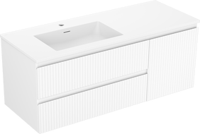 Mexen Rivel 120 cm bathroom cabinet with left Otis sink, 2 drawers, 1 door, grooved, white matte - 91A23-12047-3-BBFFF01-W18L01