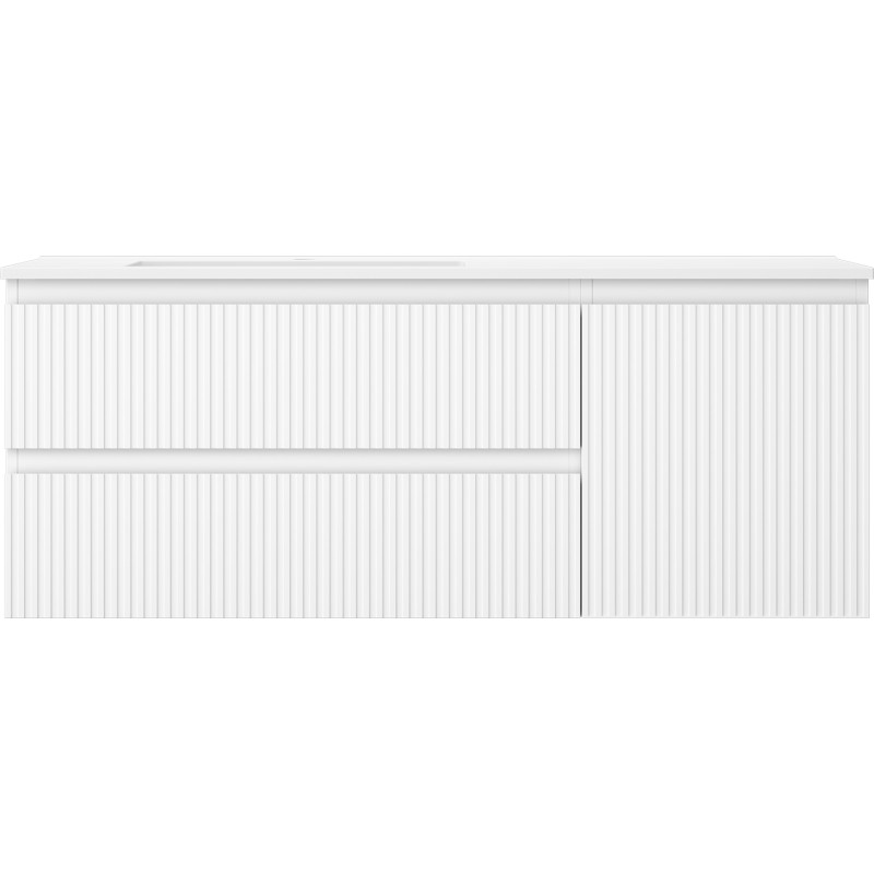 Mexen Rivel 120 cm bathroom cabinet with left Otis sink, 2 drawers, 1 door, grooved, white matte - 91A23-12047-3-BBFFF01-W18L01