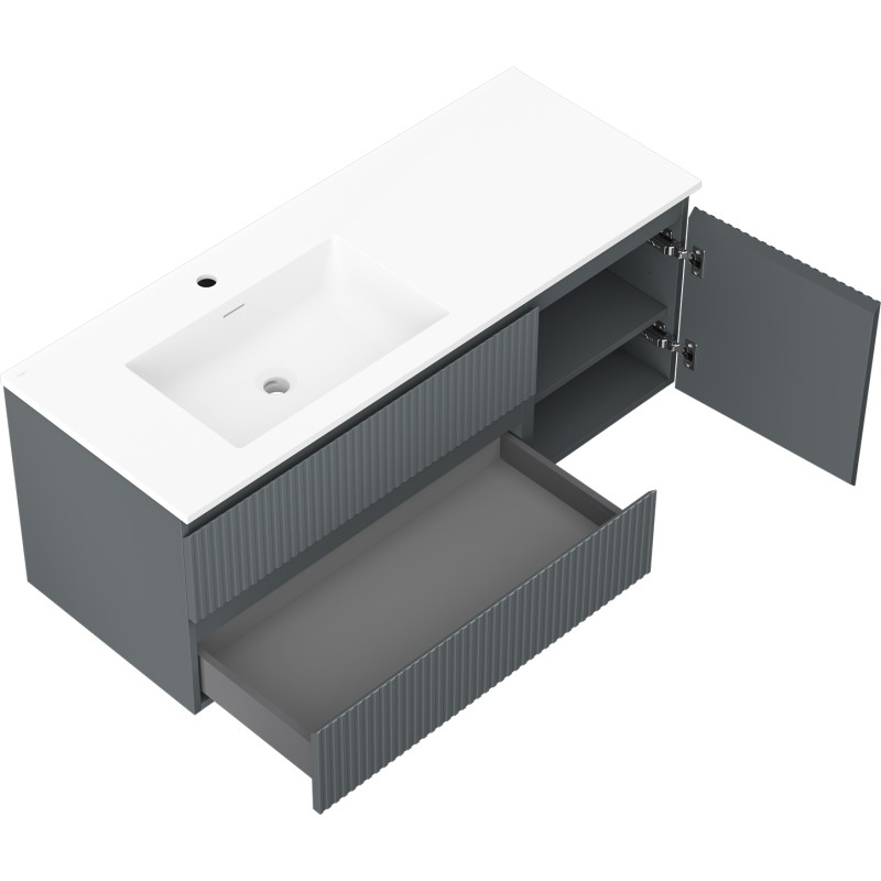 Mexen Rivel 120 cm Bathroom Cabinet with Otis Left Sink, 2 Drawers, 1 Door, Fluted, Graphite/White Matte