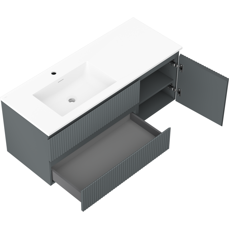 Mexen Rivel bathroom cabinet 120 cm with Otis left sink, 2S, 1D, fluted, graphite/white matte - 91A23-12047-3-BBFFF66-W18L01