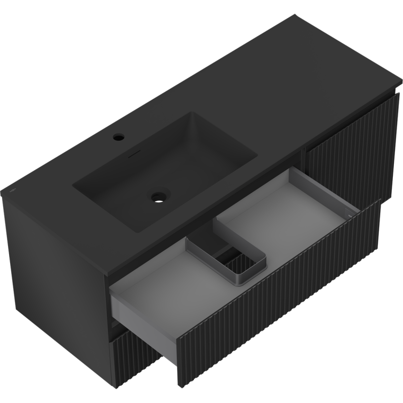 Mexen Rivel 120 cm Bathroom Cabinet with Left Otis Sink, 2 Drawers, 1 Door, Grooved, Black Matte - 91A23-12047-3-BBFFF71-W18L71