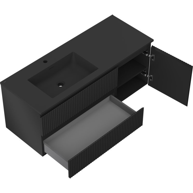 Mexen Rivel 120 cm Bathroom Cabinet with Left Otis Sink, 2 Drawers, 1 Door, Grooved, Black Matte - 91A23-12047-3-BBFFF71-W18L71