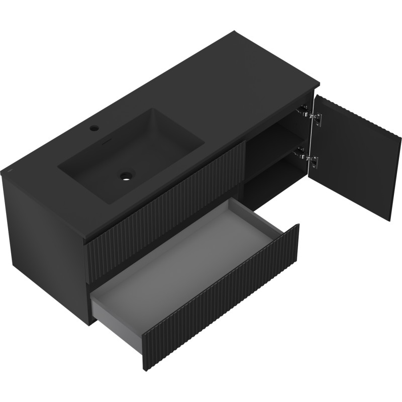 Mexen Rivel 120 cm Bathroom Cabinet with Otis Left Sink, 2 Drawers, 1 Door, Fluted, Black Matte - 91A23-12047-3-BBFFF71-W18L71