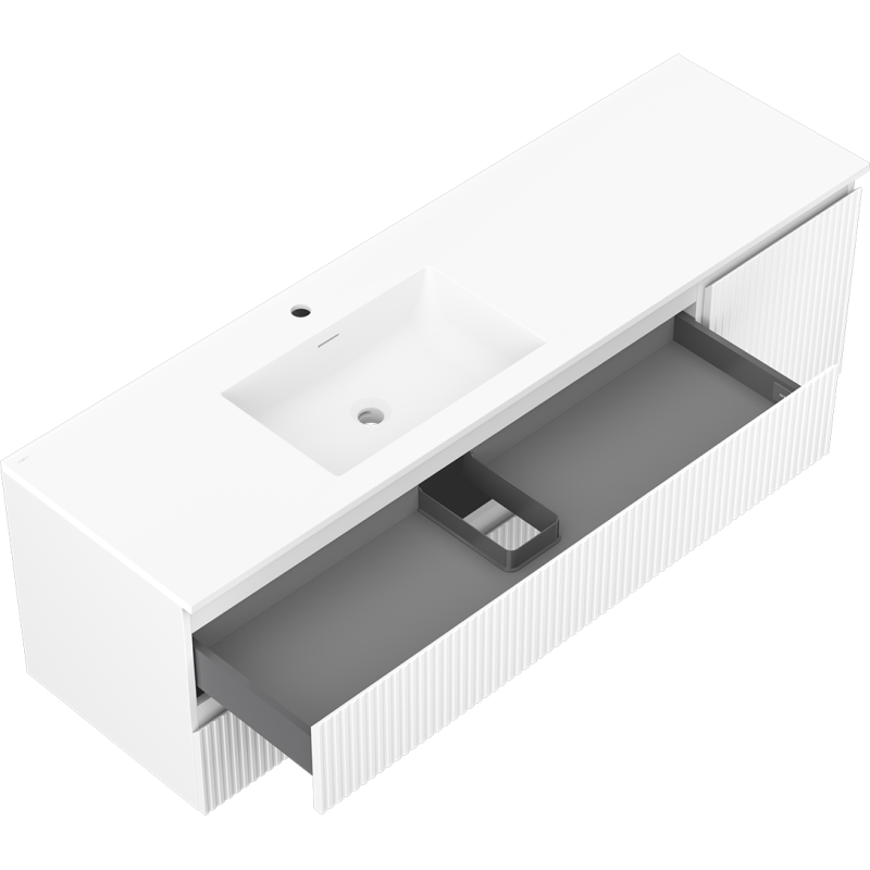 Mexen Rivel bathroom cabinet 160 cm with Otis left sink, 2S, 1D, fluted, white matte - 91A23-16047-3-BBFFF01-W18L01