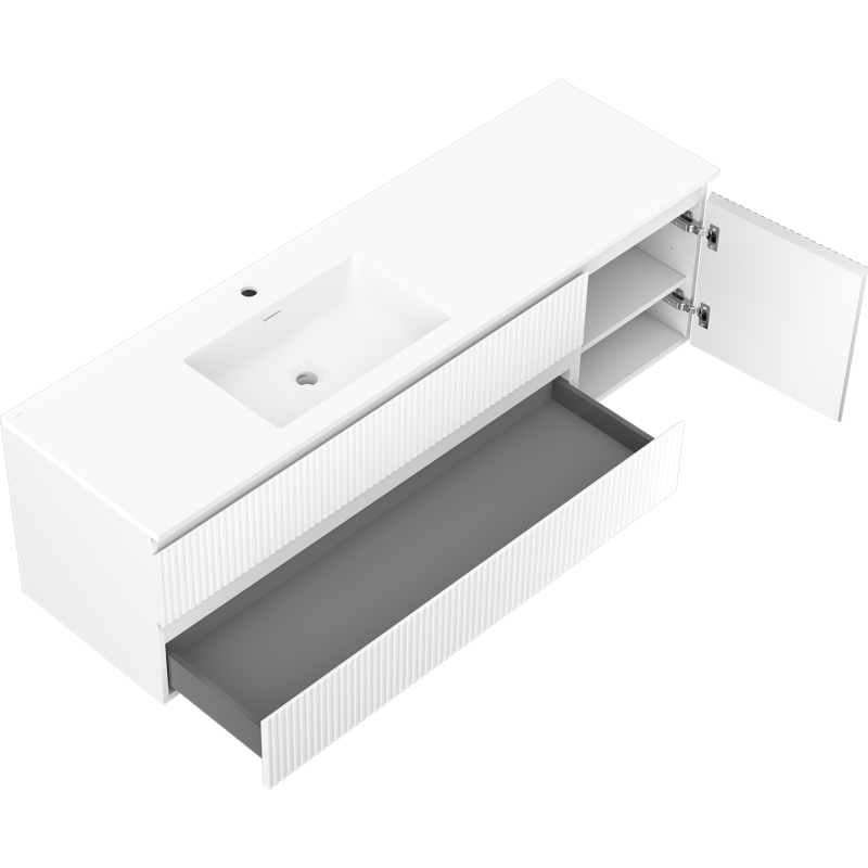 Mexen Rivel bathroom cabinet 160 cm with Otis left sink, 2S, 1D, fluted, white matte - 91A23-16047-3-BBFFF01-W18L01