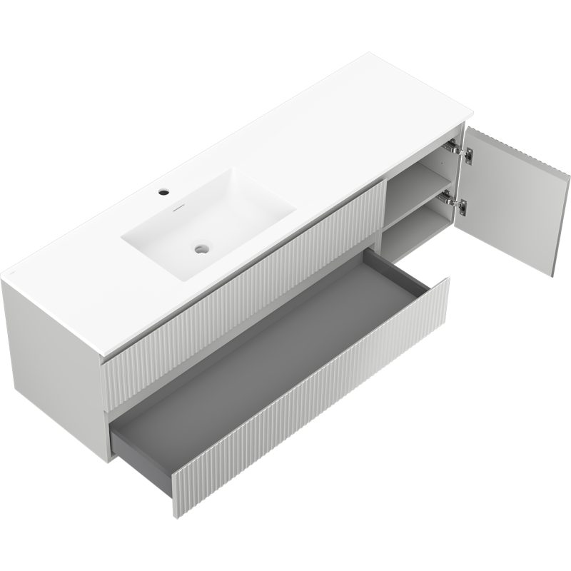 Mexen Rivel Otis 160 cm Bathroom Cabinet with Left Sink, 2S, 1D, Grooved, Gray Matte/White Matte - 91A23-16047-3-BBFFF62-W18L01