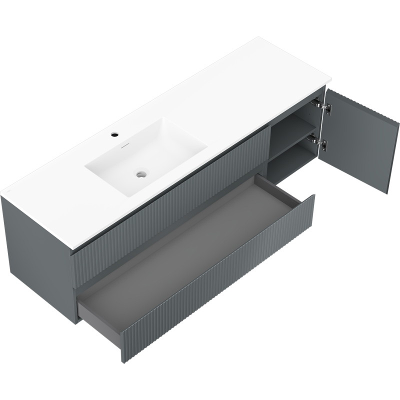Mexen Rivel 160 cm Bathroom Cabinet with Left Sink Otis, 2 Drawers, 1 Door, Fluted, Graphite/White Matte