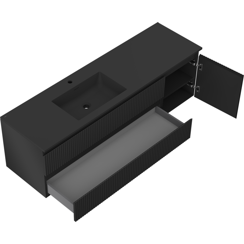 Mexen Rivel 160 cm Bathroom Cabinet with Otis Left Washbasin, 2S, 1D, Grooved, Black Matte - 91A23-16047-3-BBFFF71-W18L71