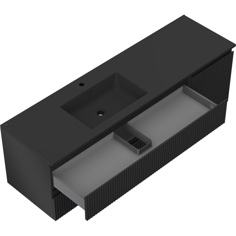 Mexen Rivel bathroom cabinet 160 cm with left Otis washbasin, 2S, 1D, grooved, black matte - 91A23-16047-3-BBFFF71-W18L71