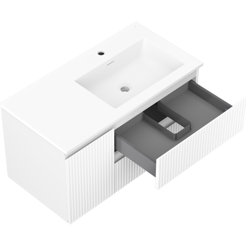 Mexen Rivel 90 cm bathroom cabinet with Otis right sink, 2S, 1D, fluted, white matte - 91A23-09047-3-BBFFF01-W18P01