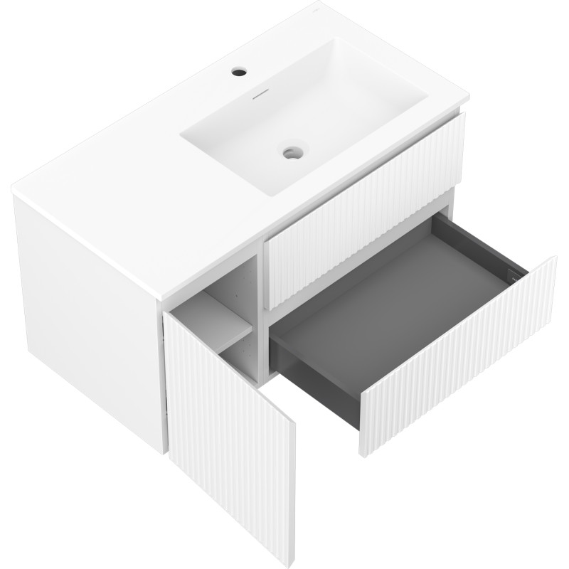 Mexen Rivel 90 cm bathroom cabinet with Otis right sink, 2S, 1D, fluted, white matte - 91A23-09047-3-BBFFF01-W18P01