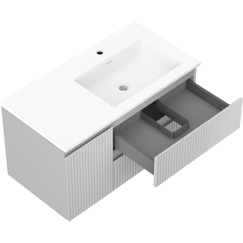Mexen Rivel 90 cm bathroom cabinet with right-sided Otis sink, 2 drawers, 1 door, fluted, gray matte/white matte