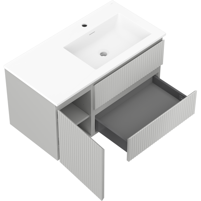Mexen Rivel 90 cm Bathroom Cabinet with Right Sink Otis, 2S, 1D, Grooved, Gray Matte/White Matte - 91A23-09047-3-BBFFF62-W18P01