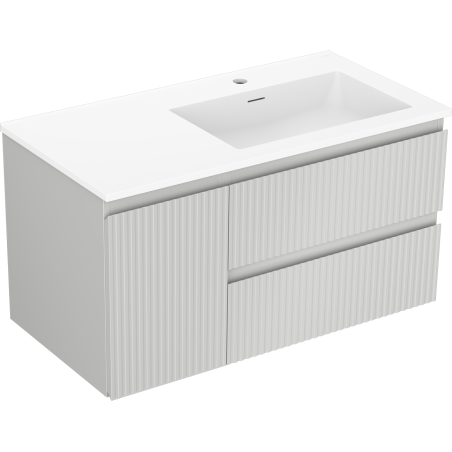 Mexen Rivel 90 cm bathroom cabinet with right-sided Otis sink, 2 drawers, 1 door, fluted, gray matte/white matte