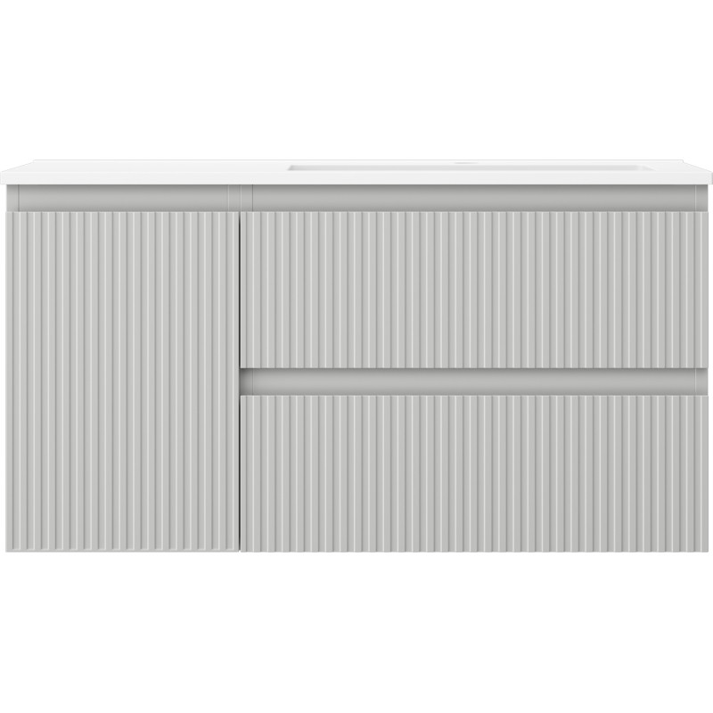 Mexen Rivel 90 cm bathroom cabinet with right-sided Otis sink, 2 drawers, 1 door, fluted, gray matte/white matte