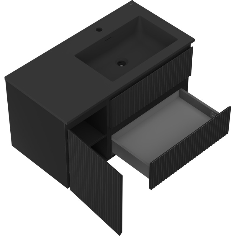 Mexen Rivel 90 cm bathroom cabinet with right Otis sink, 2S, 1D, grooved, matte black - 91A23-09047-3-BBFFF71-W18P71