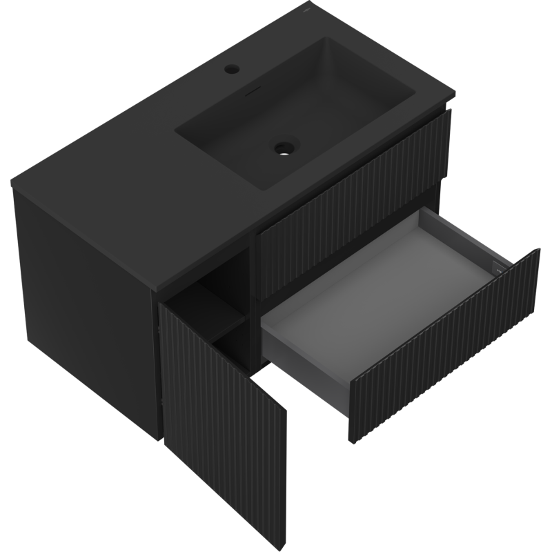 Mexen Rivel bathroom cabinet 90 cm with Otis sink right, 2S, 1D, grooved, black matte - 91A23-09047-3-BBFFF71-W18P71