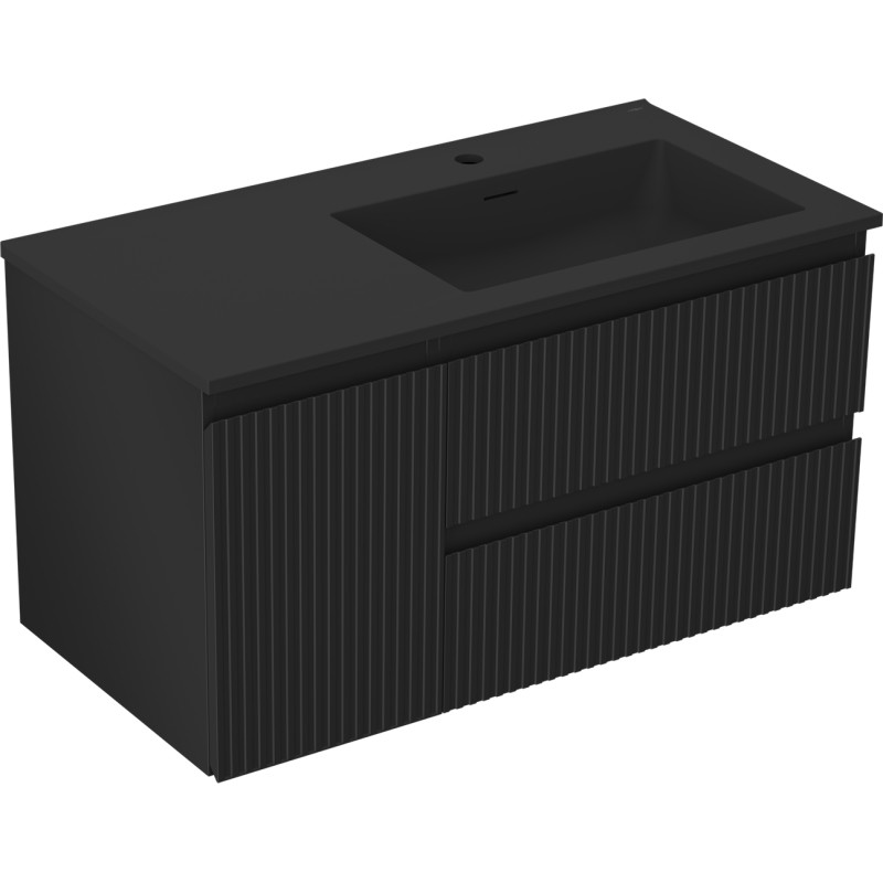 Mexen Rivel 90 cm bathroom cabinet with right Otis sink, 2S, 1D, grooved, matte black - 91A23-09047-3-BBFFF71-W18P71