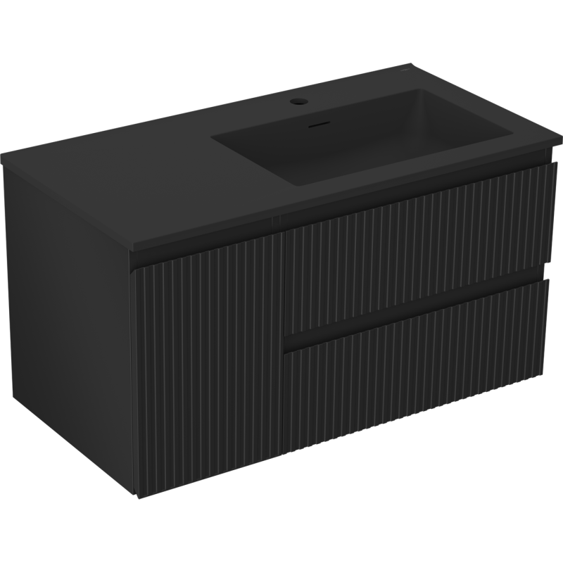 Mexen Rivel bathroom cabinet 90 cm with Otis sink right, 2S, 1D, grooved, black matte - 91A23-09047-3-BBFFF71-W18P71