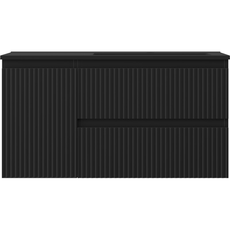 Mexen Rivel 90 cm bathroom cabinet with right Otis sink, 2S, 1D, grooved, matte black - 91A23-09047-3-BBFFF71-W18P71