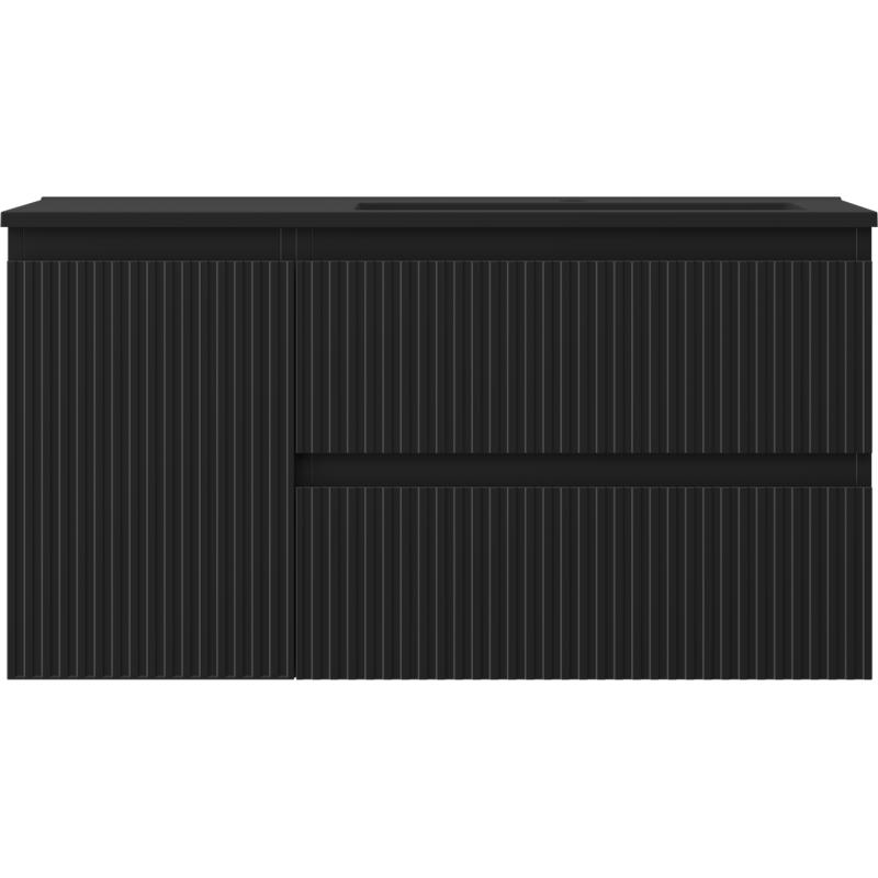 Mexen Rivel bathroom cabinet 90 cm with Otis sink right, 2S, 1D, grooved, black matte - 91A23-09047-3-BBFFF71-W18P71